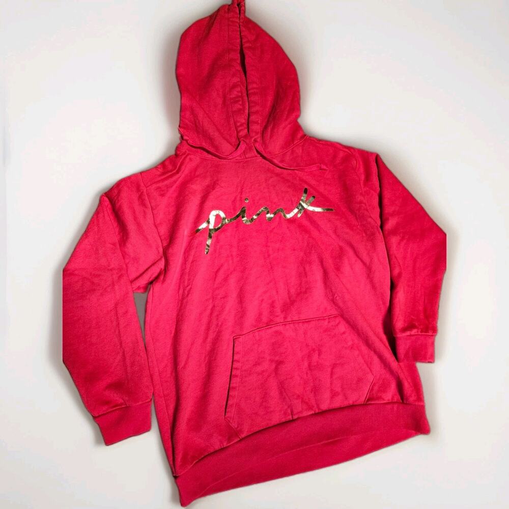 PINK Victoria's Secret PINK Logo Pullover Hoodie Fleece Oversized Pink Gold L